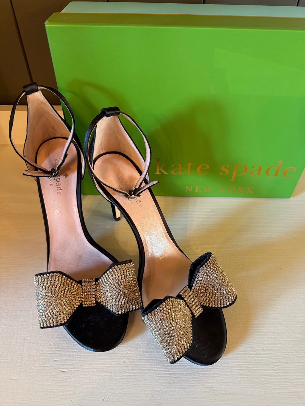 Gweneth Black Crystal Bow Ankle-Strap Heels
